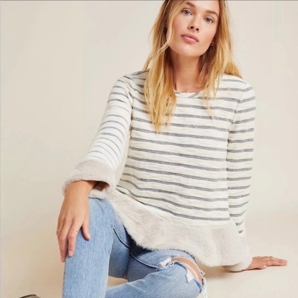 Maeve by Anthropologie Pullover Top Astor‎ Faux Fur Trim Large Cream Gray - Picture 1 of 7